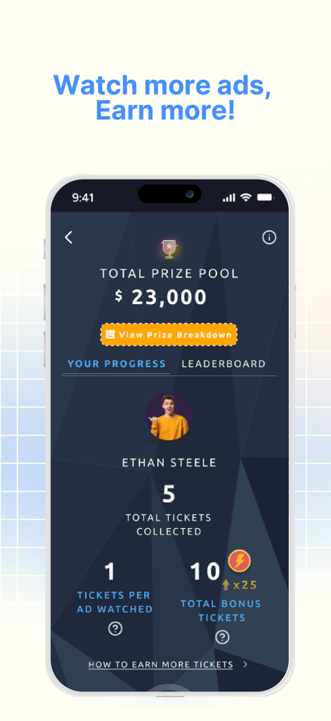 GuChat app interface showing a 23000 dollar total prize pool and user ticket progress