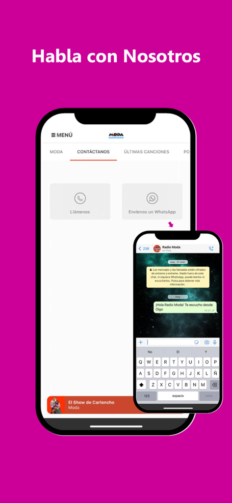 Oigo – Radios fm, podcasts - Pantalla de la aplicación Oigo que muestra opciones de contacto para Radio Moda, incluyendo teléfono y mensajes de WhatsApp
