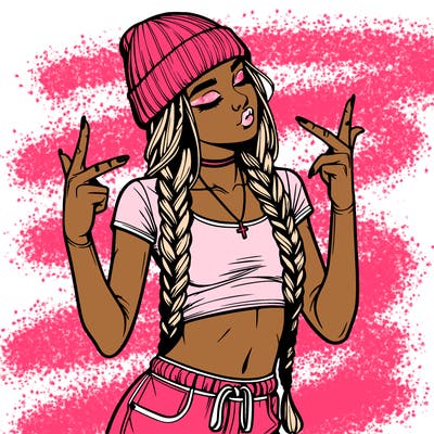 realistic teenage girl with braids and a beanie and crop top doing 🫶🏼
