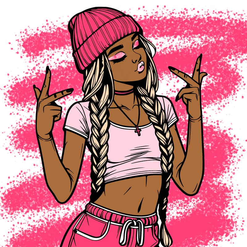 realistic teenage girl with braids and a beanie and crop top doing 🫶🏼