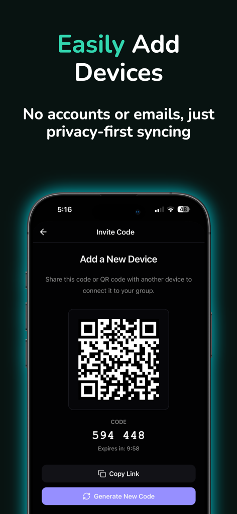 Cross Paste: Clipboard Sync - The Cross Paste app screen displaying a QR code and numeric invite code to add a new device for clipboard syncing without an account.