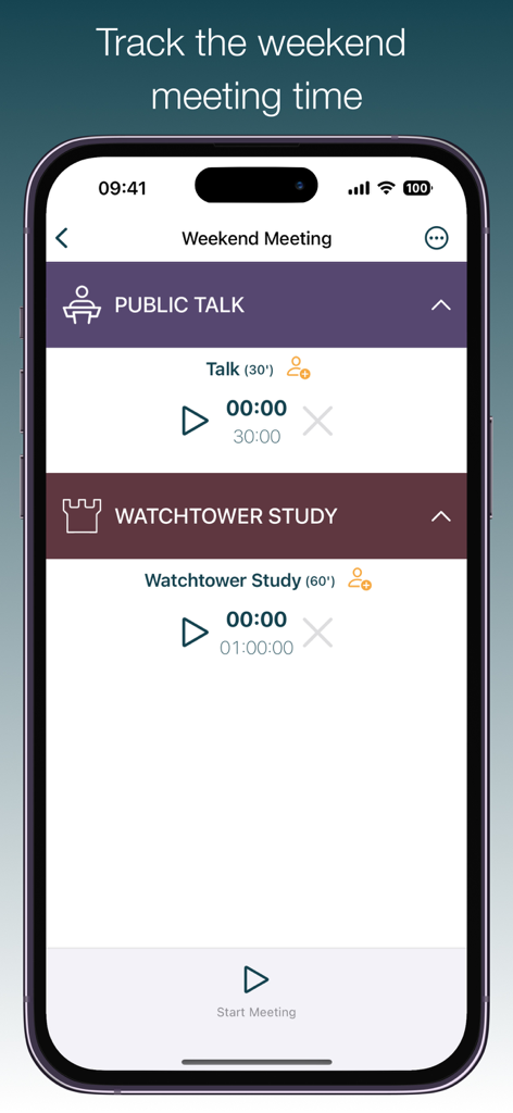 Aplicativo Meeting Timer mostrando temporizadores de cronômetro para o Discurso Público e Estudo da Torre de Vigia em um iPhone