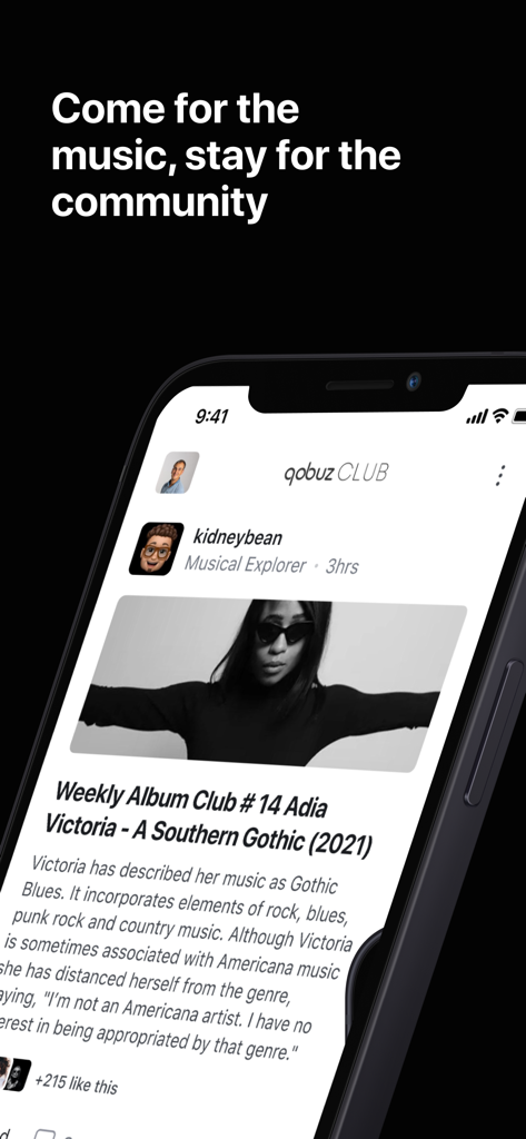 A mobile phone screen displaying the Qobuz Club app interface with a community post about a weekly album club discussion.