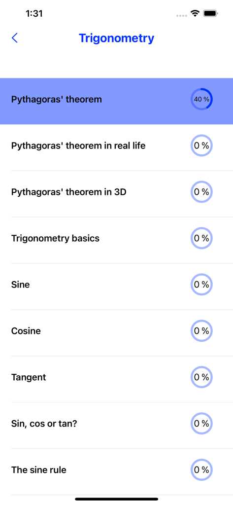 数学学習アプリにおける三角法のトピックと完了率のリスト。