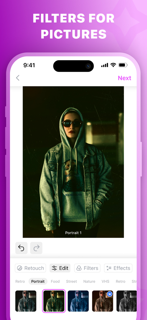 ポートレート写真のフィルターと編集ツールが表示された写真加工アプリのインターフェース