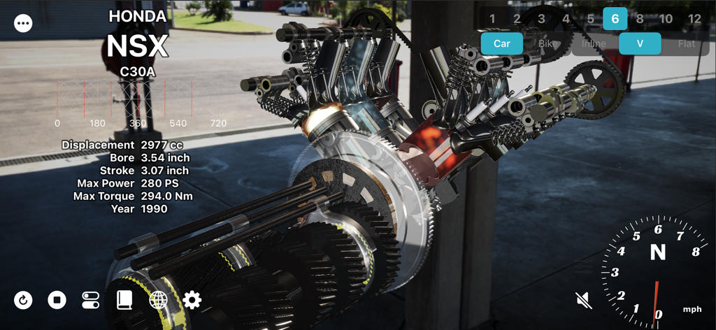 Trans4motor R - Uma simulação 3D detalhada de um motor Honda NSX mostrando componentes mecânicos internos e especificações técnicas