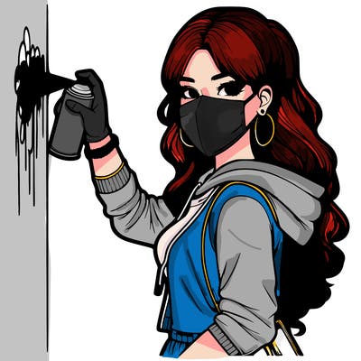 realistic girl with mask spray painting a wall