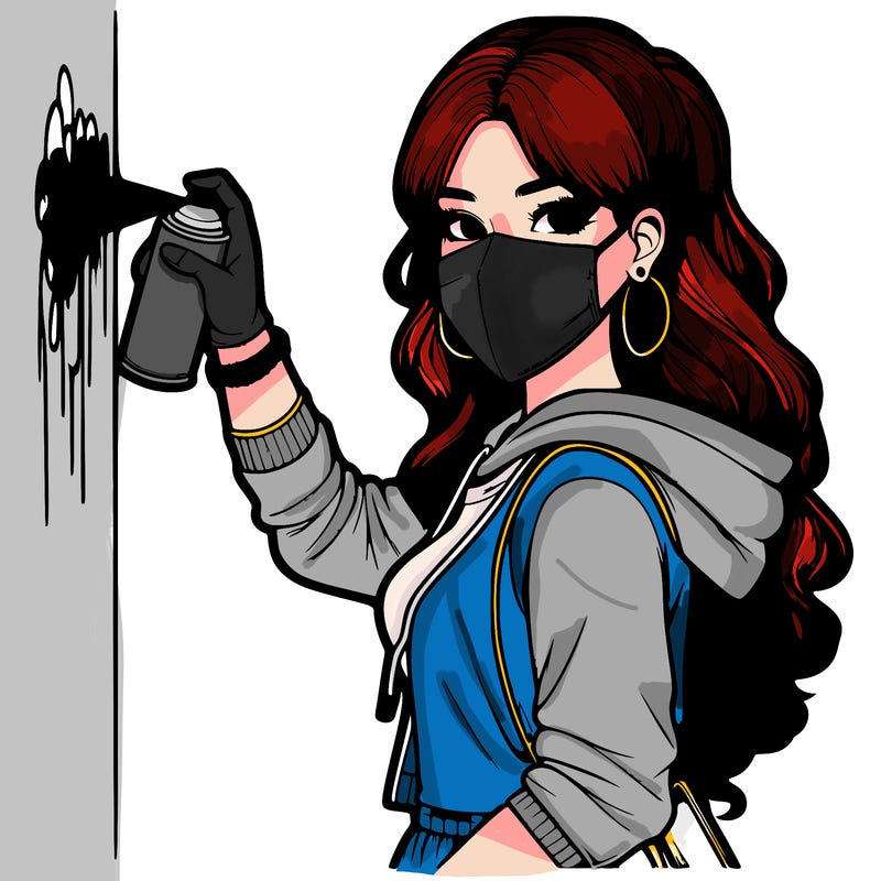 realistic girl with mask spray painting a wall