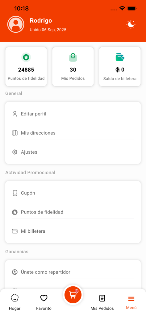 Aguara Deliveryのユーザープロフィールメニュー。ロイヤルティポイントとアカウント設定が表示されます。