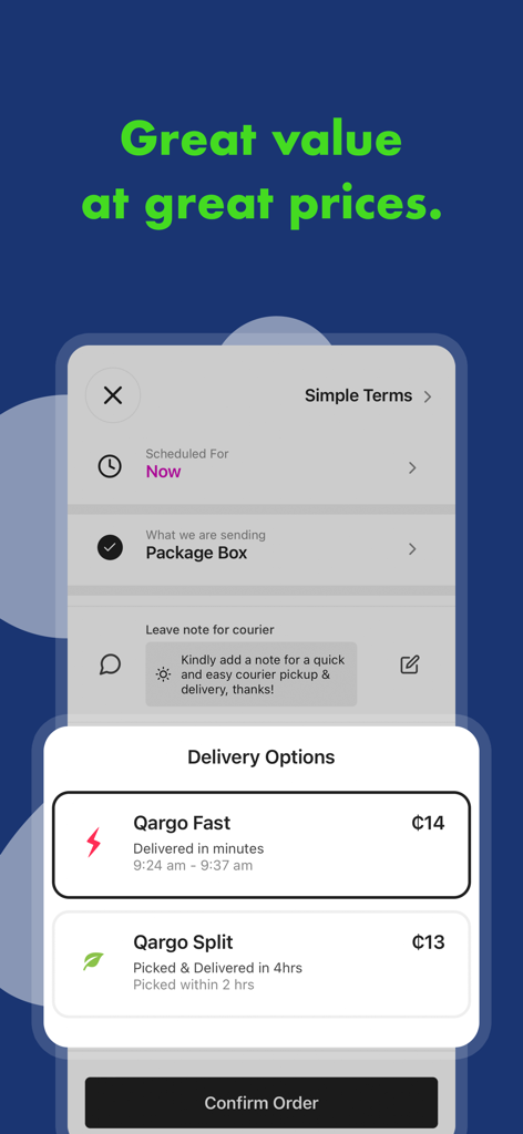 Qargo: Request a Delivery - Qargo app screen showing delivery options including fast and split pricing tiers for a package box delivery