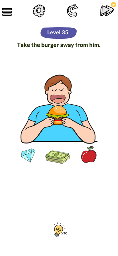 Ein Gehirn-Teaser-Puzzle der Stufe 35 von Brain Tricks, das darum bittet, einen Burger von einer Figur mit drei Objektoptionen darunter wegzunehmen