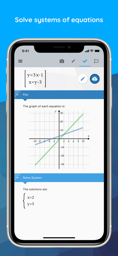 Maple Calculator: Math Solver - Maple Calculator app interface showing a system of linear equations solved with a 2D graph and coordinate solutions.