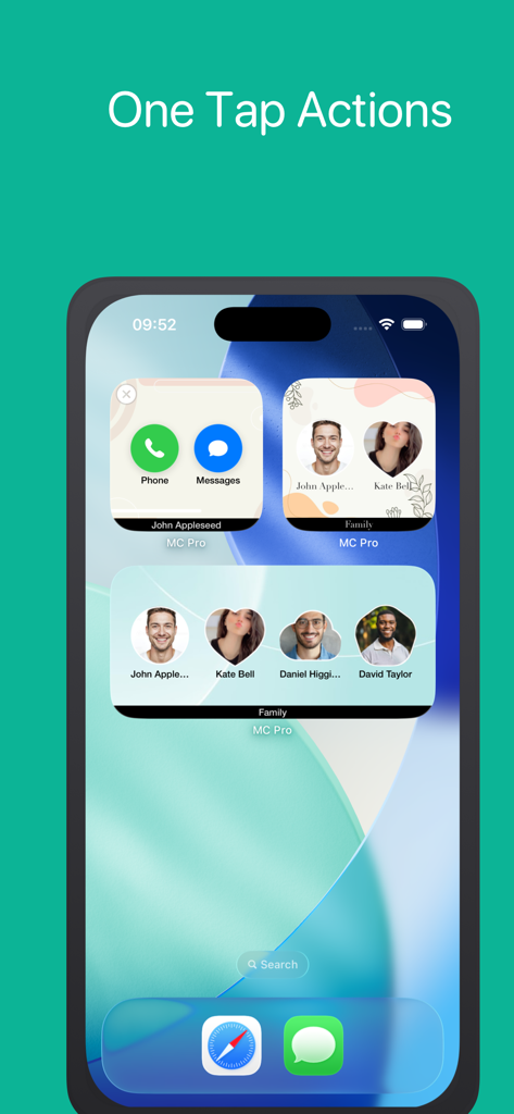 Magic Contact Widgets Pro - Pantalla de inicio de iPhone que muestra widgets de contacto personalizables para llamadas y mensajes de un solo toque