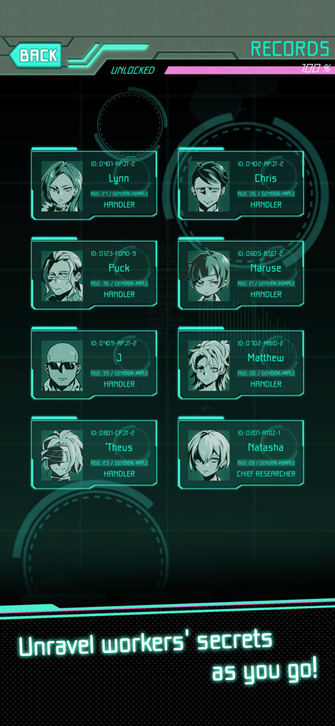 INSECTARIUM ALTERNATIVE MARCH - A menu screen showing character profiles for eight workers in the game Insectarium Alternative March with a futuristic teal interface.