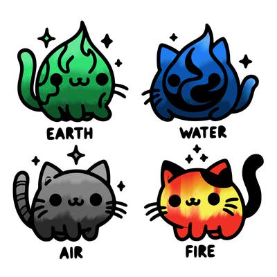 4 cats that represent the different elements, earth, water, air, and fire