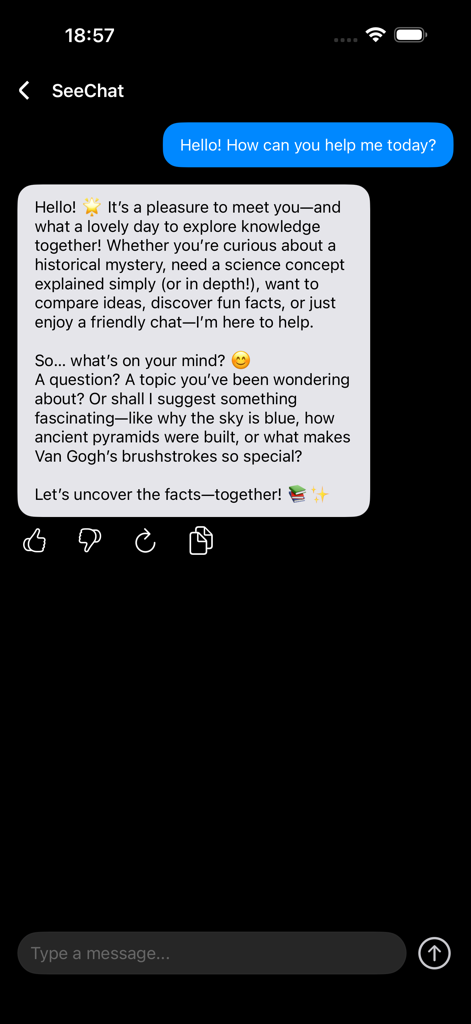 Seekee AI ChatBot - Pantalla de chat móvil de Seekee AI ChatBot mostrando un útil mensaje de bienvenida del asistente.