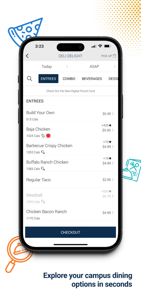 Ein Smartphone, das die Speisekarte eines Campus-Deli mit Lebensmittelpreisen und Kalorienangaben anzeigt