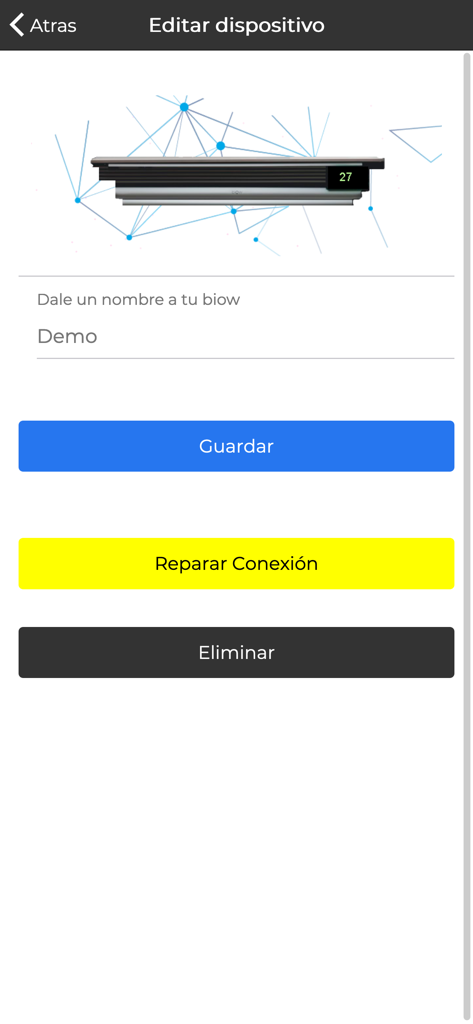 Biow - Interfaz de la aplicación Biow para editar la configuración del dispositivo, incluidos los botones para cambiar el nombre y reparar la conexión.