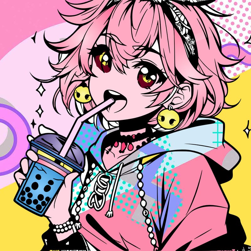 hot baddie anime girl drinking boba and biting the straw