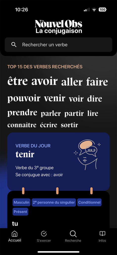 French conjugation! - Interfaz de la aplicación de conjugación francesa con una barra de búsqueda y sección de verbo del día.