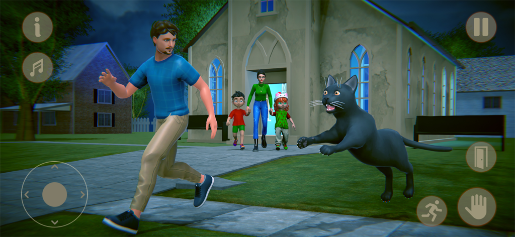 Virtual Scary Cat Simulator 3D - A large black cat with glowing eyes leaps towards a man running away in a 3D horror simulator game scene.