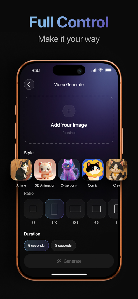 Synthesia.AI Video Generator - Synthesia AI Video Generatorモバイルアプリのインターフェース。画像追加、アニメまたはサイバーパンクなどの芸術的スタイルの選択、アスペクト比の選択、動画時間の設定オプションを表示。