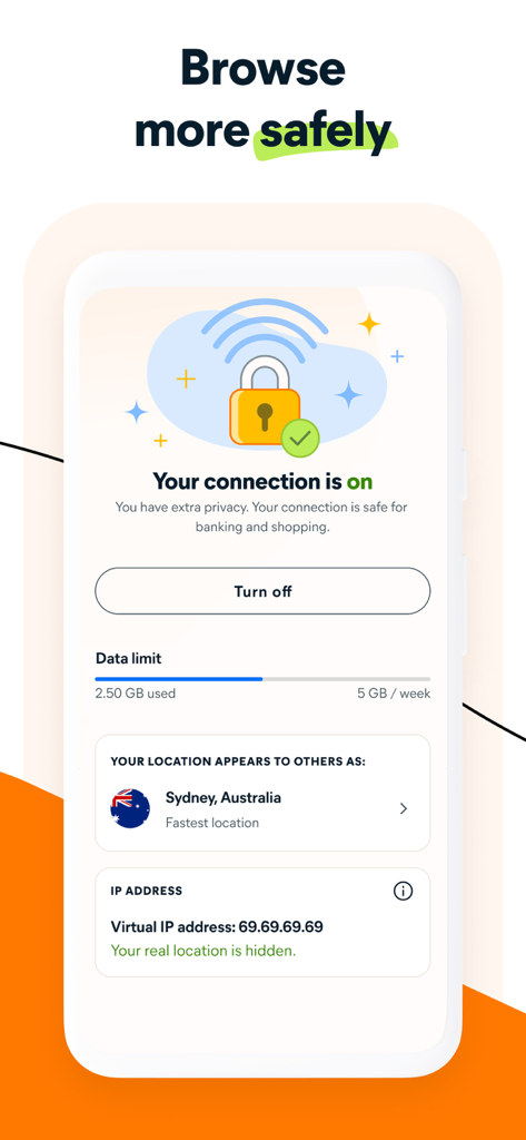 Interfaccia dell'app Avast One che mostra una connessione VPN attiva e il monitoraggio dell'utilizzo dei dati.