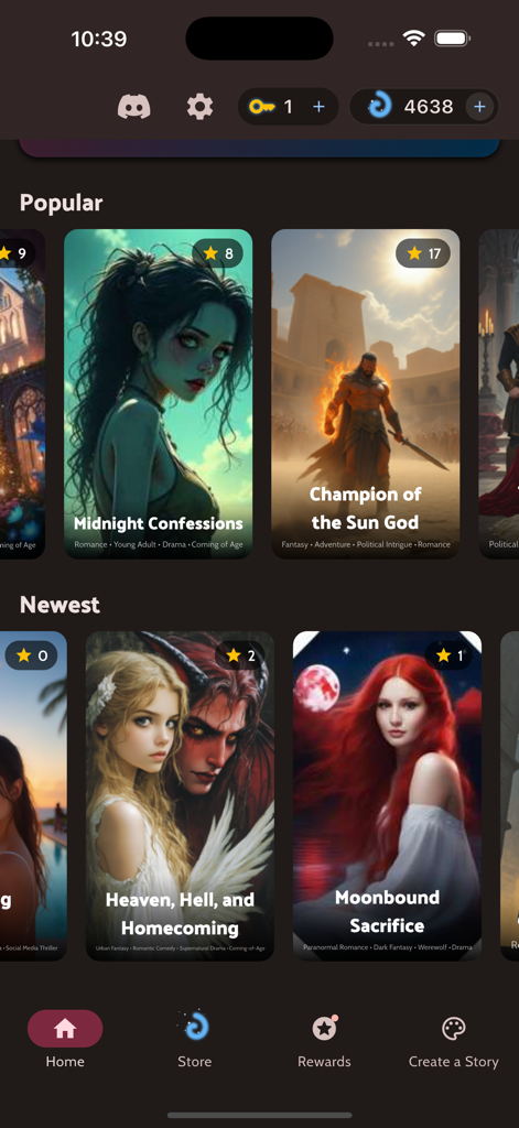 A tela inicial do aplicativo Euphoria AI Choices exibindo histórias interativas populares e mais recentes com capas geradas por IA personalizadas