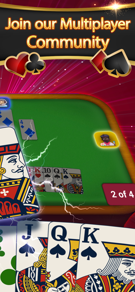 Una captura de pantalla de Spades Classic Card Game que presenta una llamada a la acción de comunidad multijugador y juego activo con cartas boca arriba en una mesa verde.