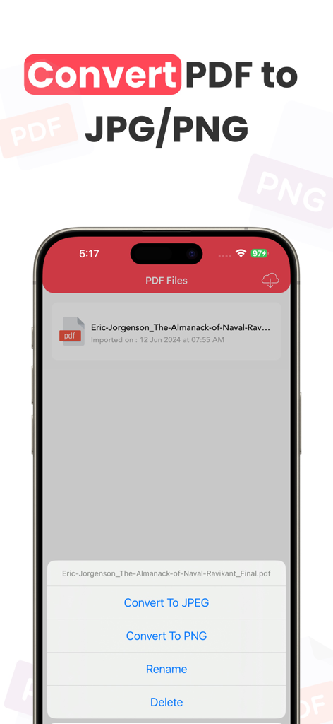 Pantalla del iPhone mostrando opciones para convertir un archivo PDF a formato JPEG o PNG