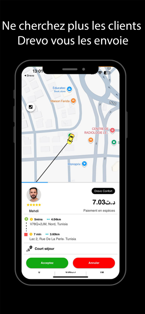 Drevo Driver - Smartphone screen showing the Drevo Driver app interface with an incoming ride request including a map and accept or cancel buttons