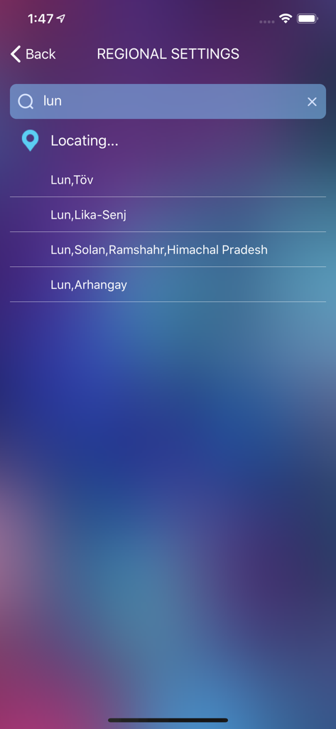WiseMirror - 도시 위치 검색을 보여주는 WiseMirror 앱의 지역 설정 화면