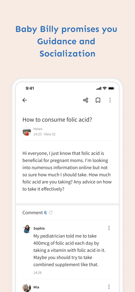 A community forum in the Baby Billy app where expectant mothers share advice and pregnancy tips.
