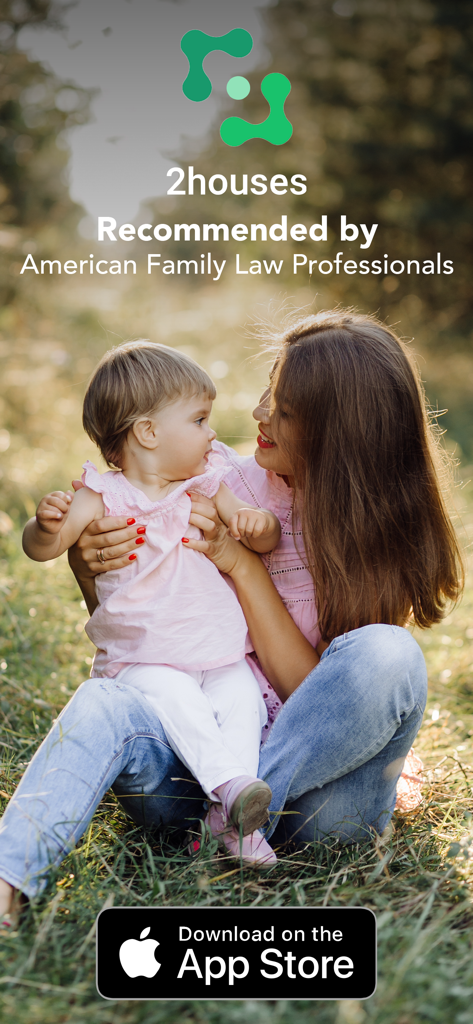 2houses: Better Co-parenting - Una madre e una bambina in un parco con un testo che indica che l'app 2houses è raccomandata dai professionisti del diritto di famiglia.