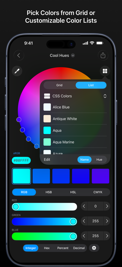 Colorlogix - Color Design Tool - Interfaz de la aplicación Colorlogix mostrando la selección de la lista de colores CSS y controles deslizantes de ajuste RGB.