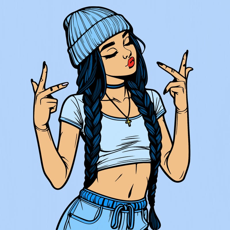 realistic teenage girl with braids and a beanie and crop top doing 🫶🏼