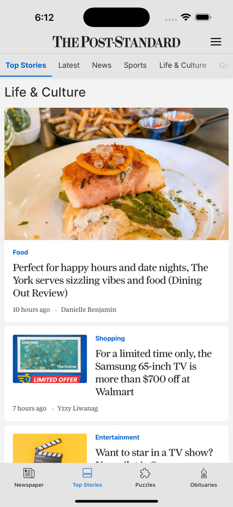 The Post-Standard - The Post-Standard app displaying the Life and Culture section with articles about local dining and shopping in Syracuse.