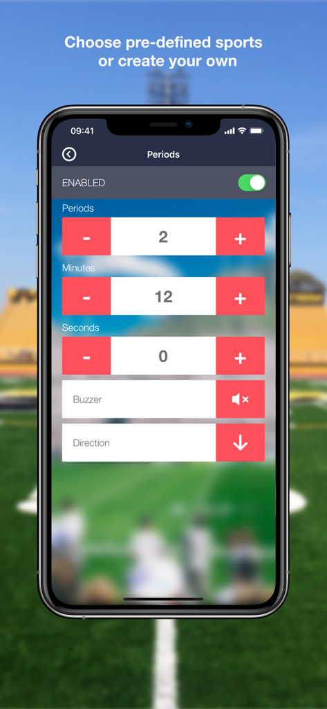 Scoreboard | Score keeper - Mobile app interface showing settings for game periods minutes and seconds for a sports scoreboard.