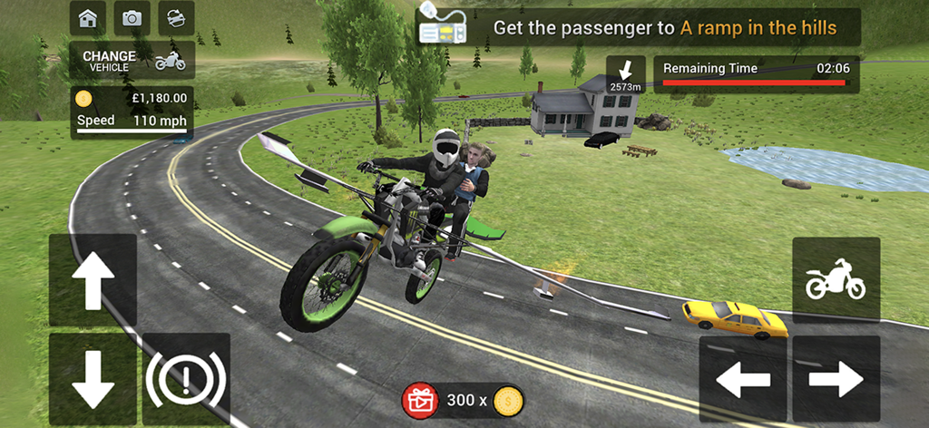 Una moto voladora con alas transportando un pasajero sobre una carretera en una zona montañosa.