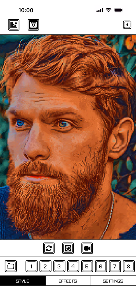 Un retrato de un hombre con barba renderizado en estilo de pixel art retro usando un filtro de cámara móvil