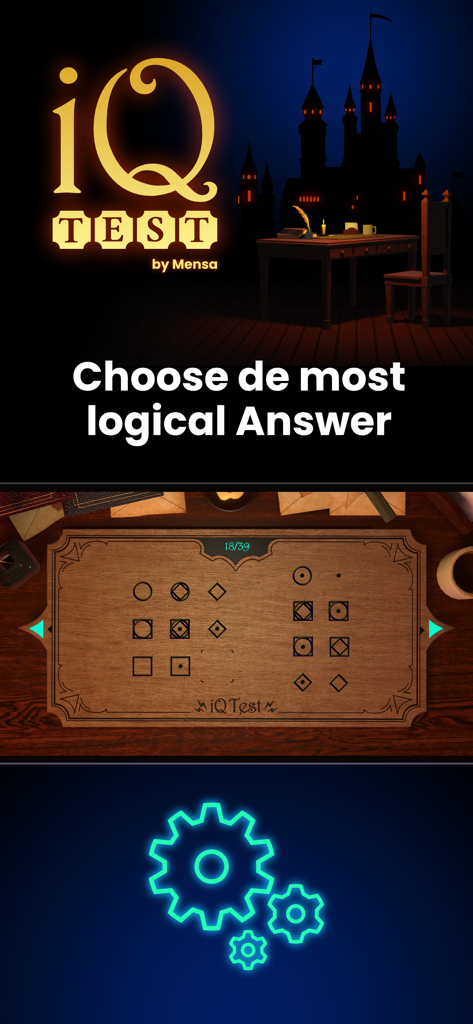 IQ Test - What's my IQ? - IQ Test app interface showing a logical pattern puzzle with geometric shapes.