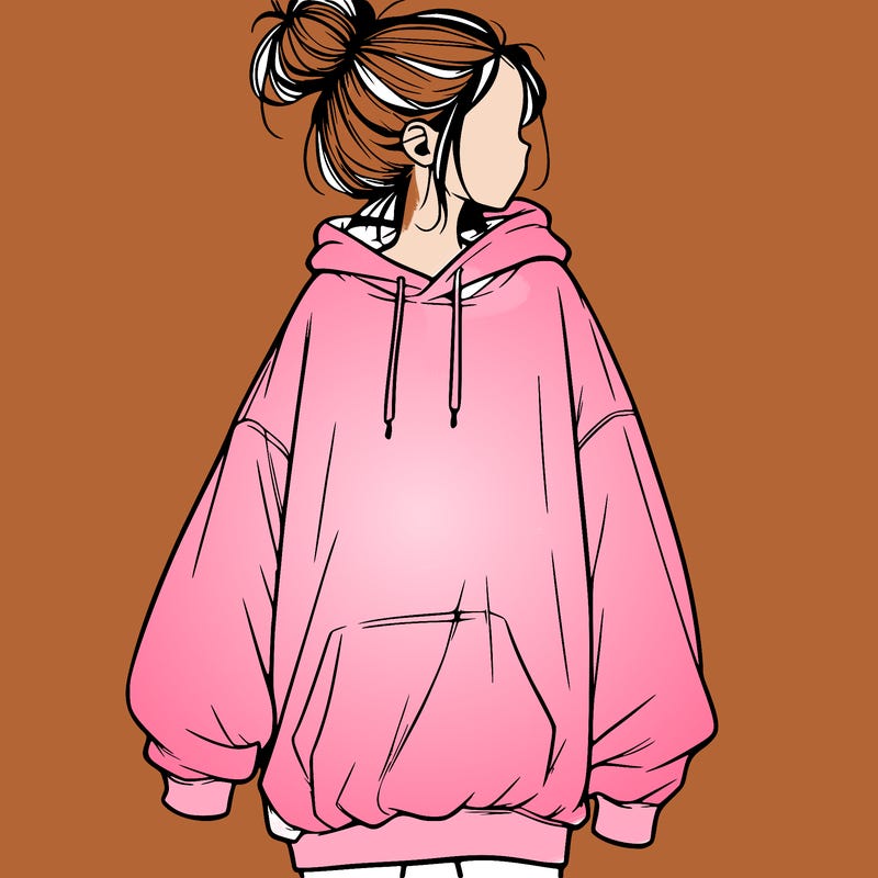 realistic girl with a oversized sweatshirt on and a bun