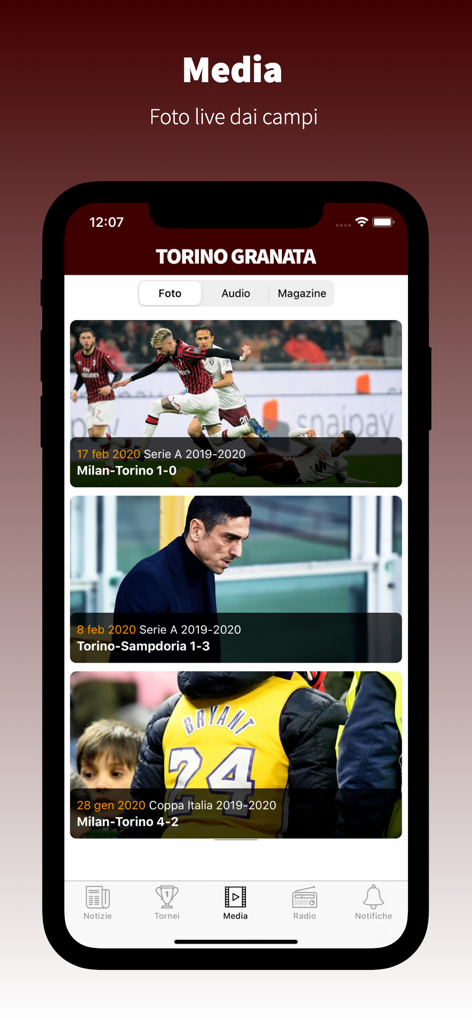 TorinoGranata.it - La sezione media dell'app TorinoGranata che mostra foto live e punteggi delle partite di calcio