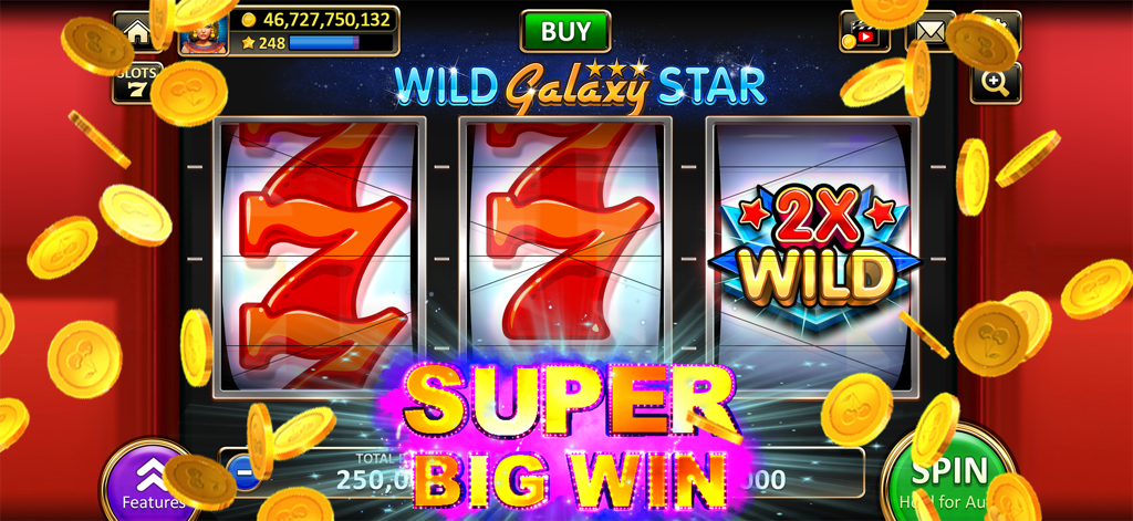 ラッキーセブンと舞い散る金貨をフィーチャーしたVegas Slots Cherry Masterゲームでのスーパービッグウィンアニメーション