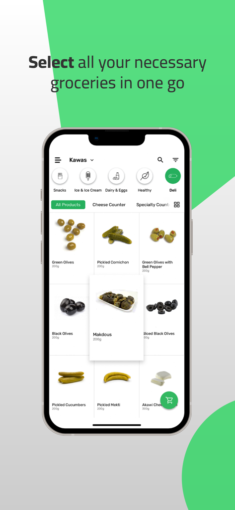 markit app - Interface da aplicação Markit a mostrar uma seleção de itens de charcutaria, como azeitonas e picles, para compras de mercearia online.