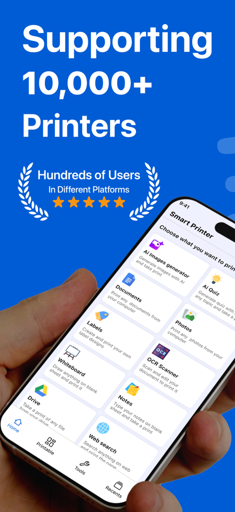 Ein Smartphone, das die Benutzeroberfläche der HP Smart Printer App mit Funktionen wie KI-Bilderzeugung, OCR-Scannen und Dokumentendruck anzeigt