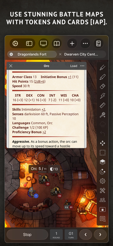 Encounter+ Virtual Tabletop - Digital battle map with character tokens and an orc monster stat block in the Encounter Plus app.