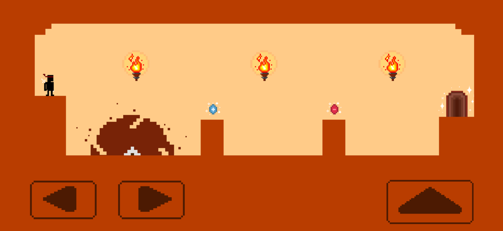 Die Again: Troll Game Ever - Ein schwarzer Ninja-Charakter in einem 2D-Pixelart-Level mit Fackeln und Edelsteinen im Spiel Die Again.