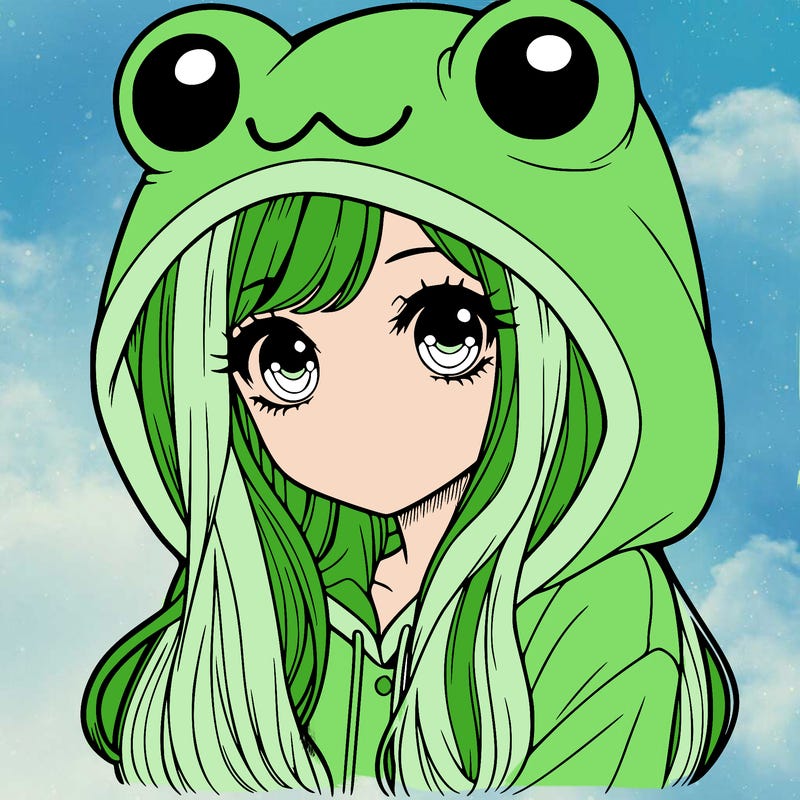 a pretty girl wearing a frog hoodie portrait with long hair