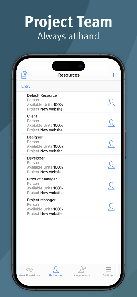 iPhone-Bildschirm zeigt Projektteam-Ressourcen und Rollen in der Merlin Project App